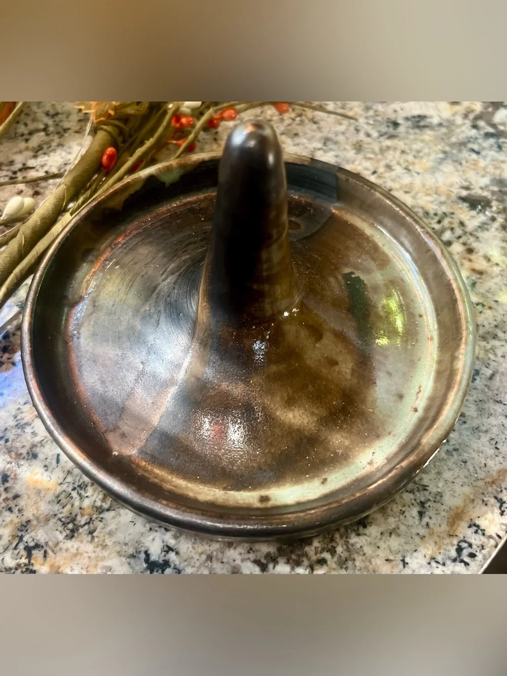 Handcrafted Ceramic Ring Holder Dish in Brown and Green Glaze